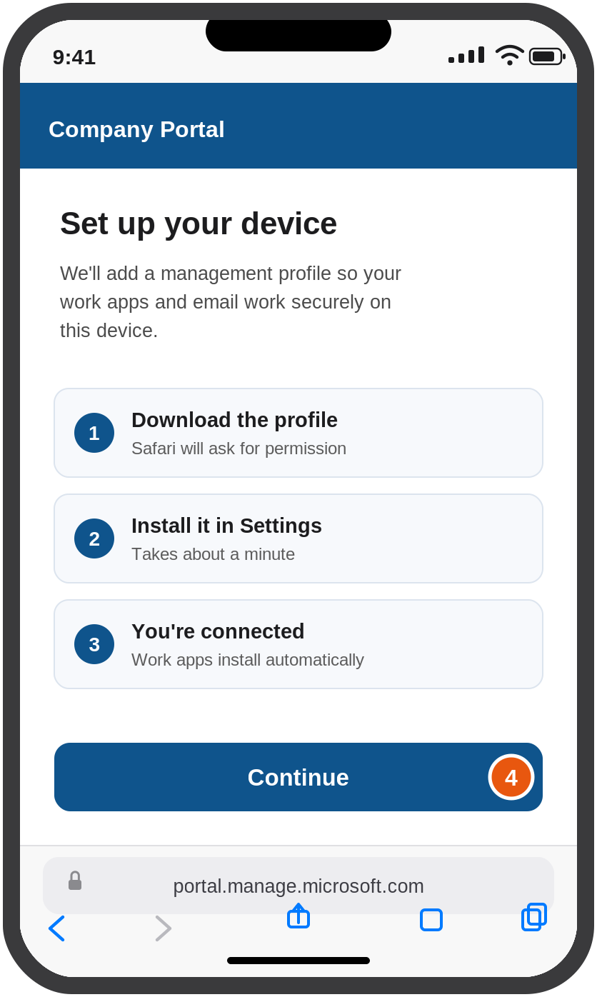 The enrolment page in Safari with a Continue button