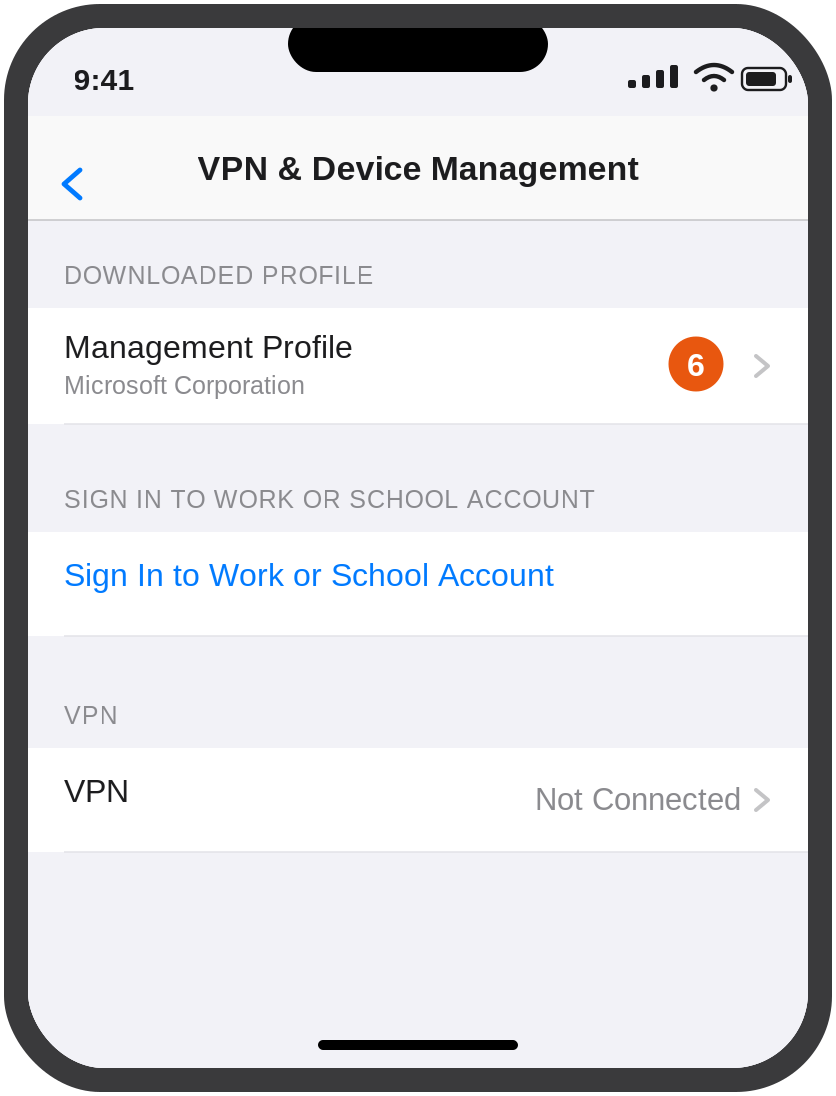 Settings > General > VPN & Device Management showing the downloaded Management Profile