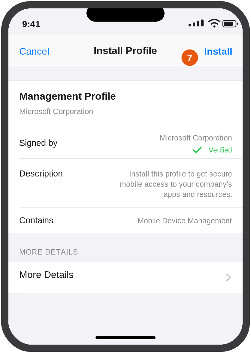Install Profile screen with the Install button in the top right