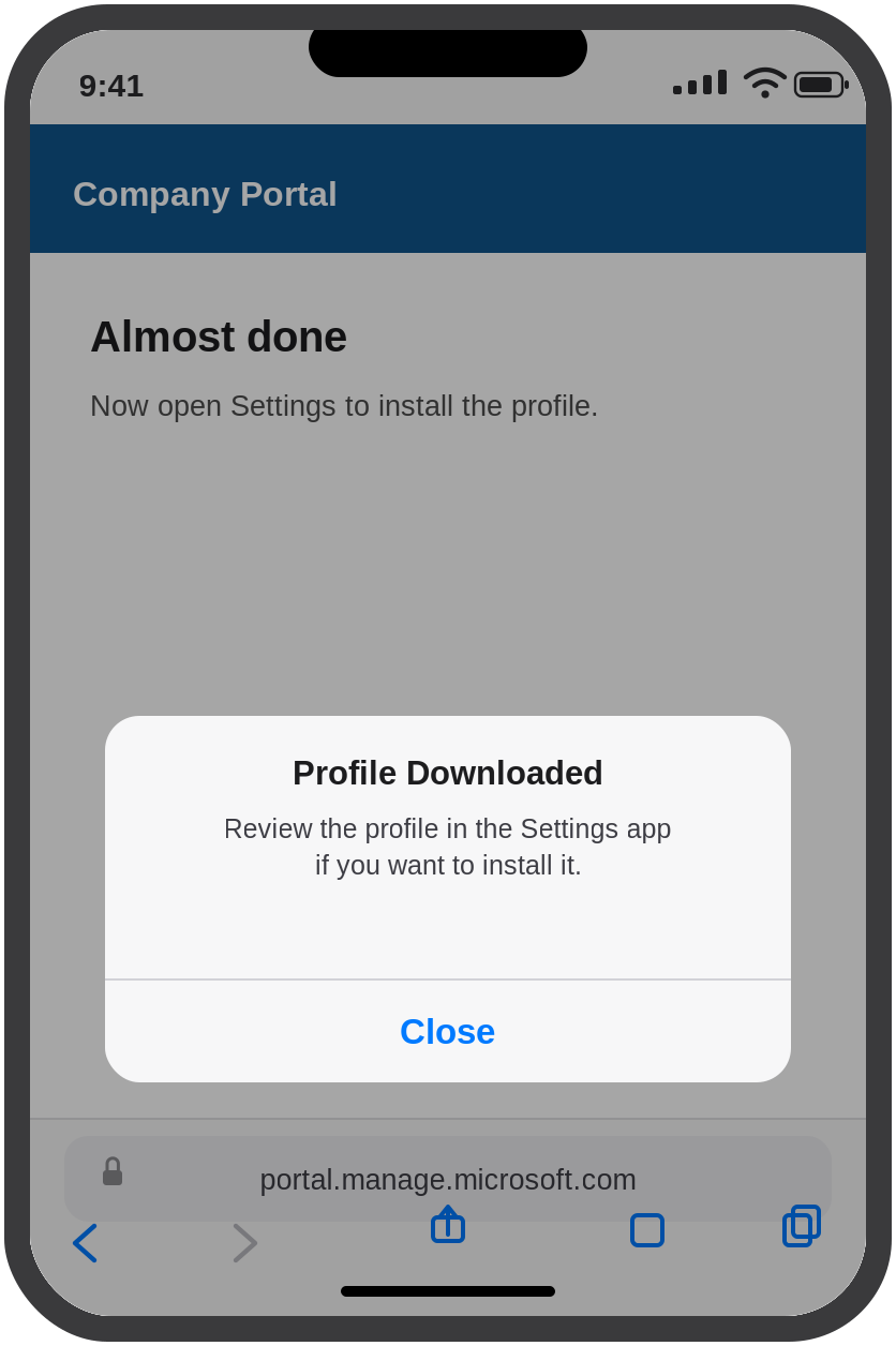 Profile Downloaded confirmation message