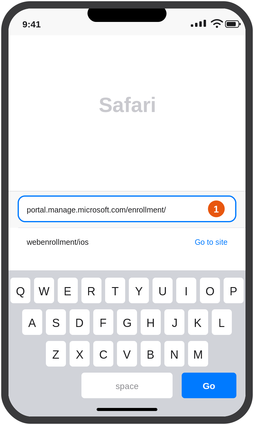Safari with the enrolment address typed into the address bar