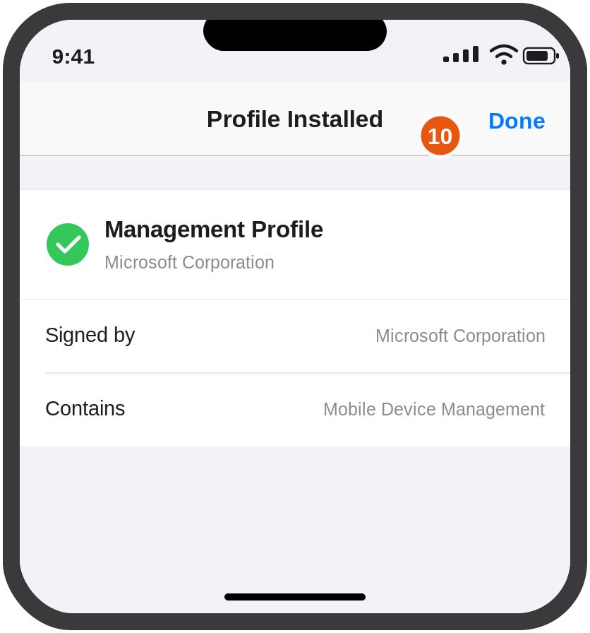 Profile Installed confirmation screen with the Done button