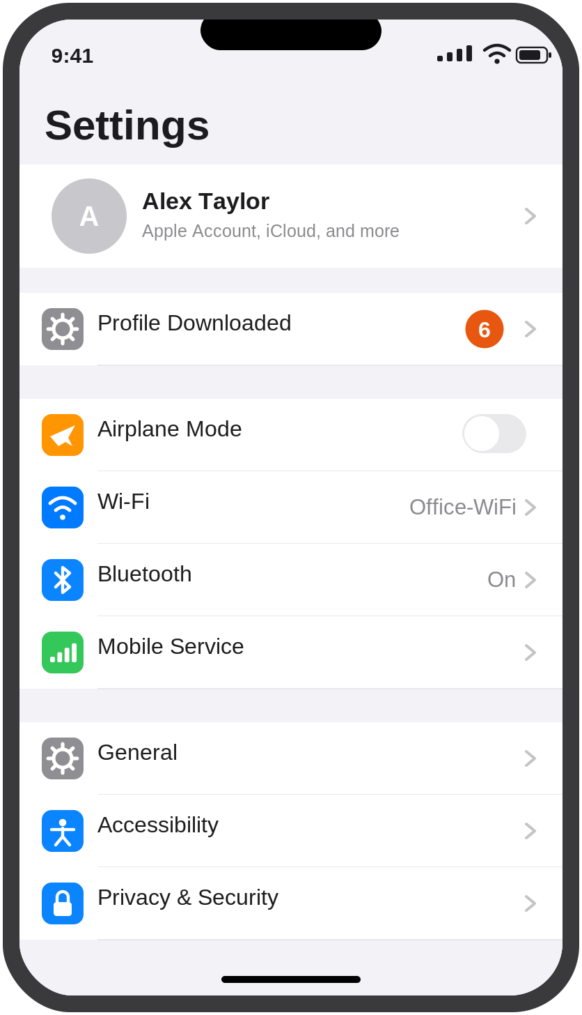 Settings app showing the Profile Downloaded row near the top