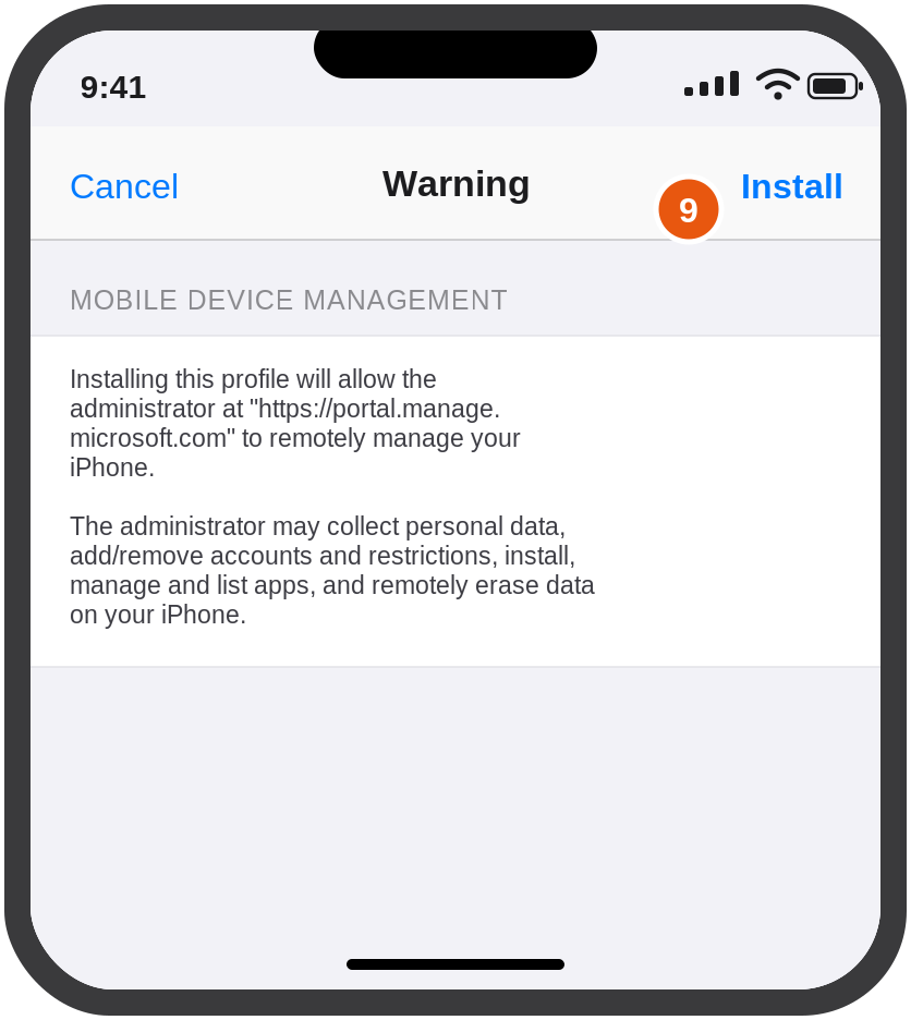 Warning screen about mobile device management with the Install button