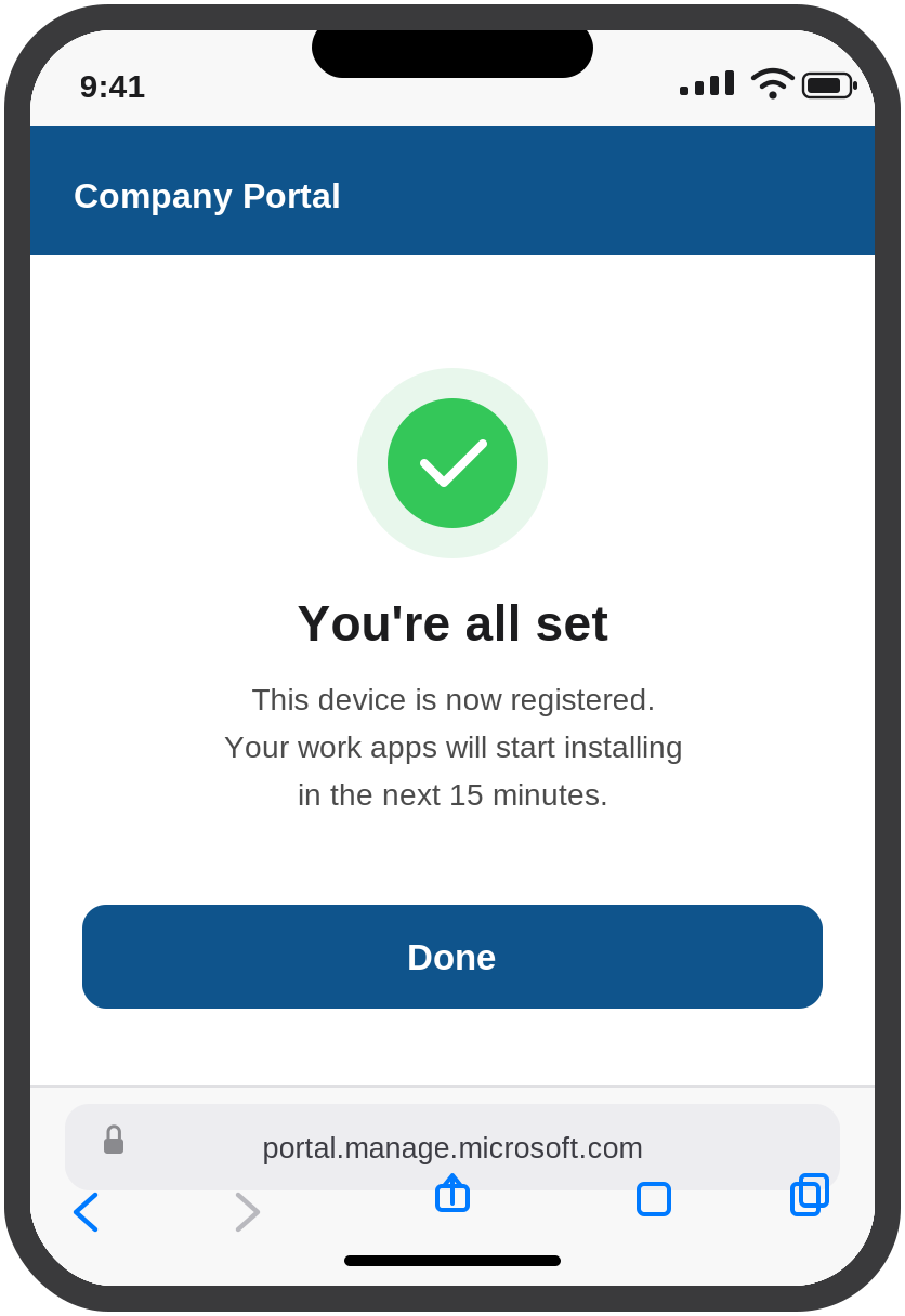 You're all set confirmation page in Safari