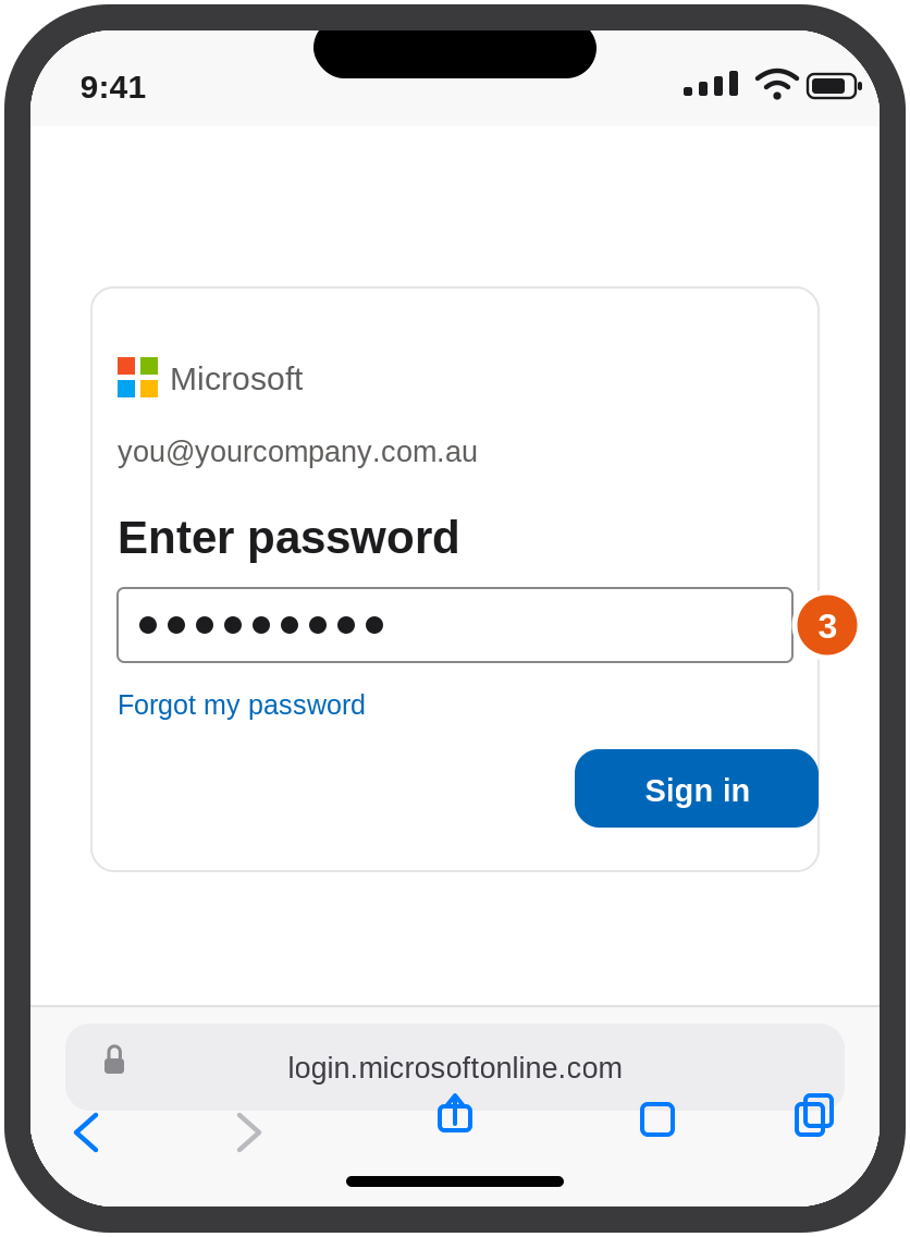 Microsoft sign-in page asking for the work password